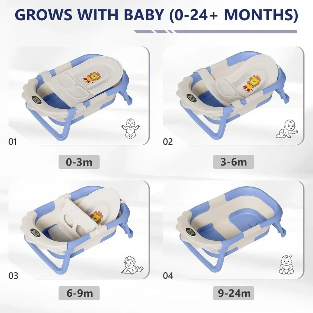 4-in-1 Foldable Baby Bathtub w/ Thermometer & Adjustable Mesh Sling GROW WITH ME